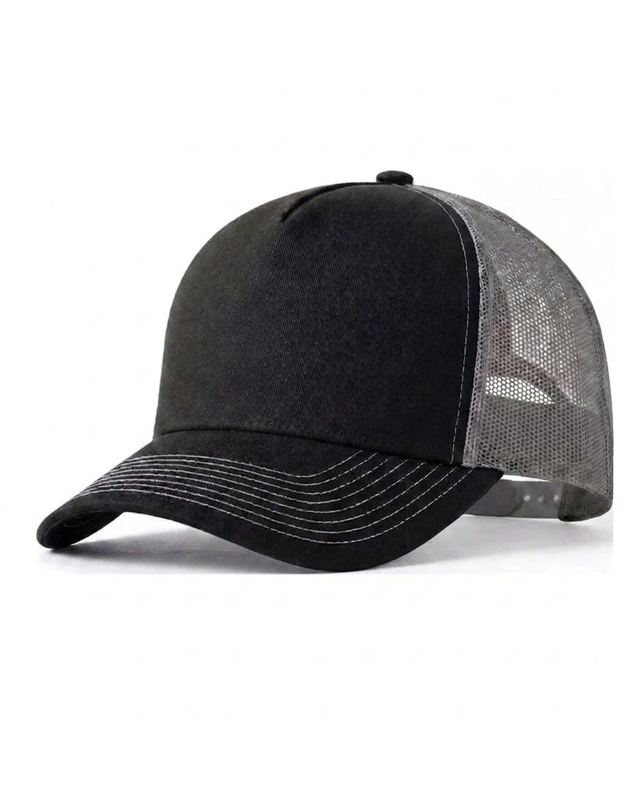 5-Panel Heavy Structure Contrast-Stitch Trucker in Black / Charcoal
