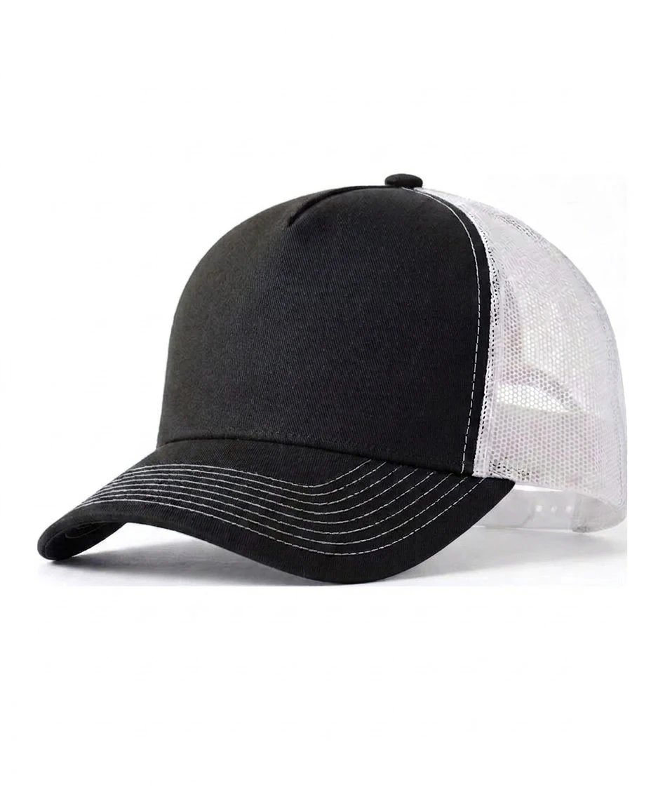 Style 1117 5-Panel Heavy Structure Contrast-Stitch Trucker wholesale custom cap in Black / White