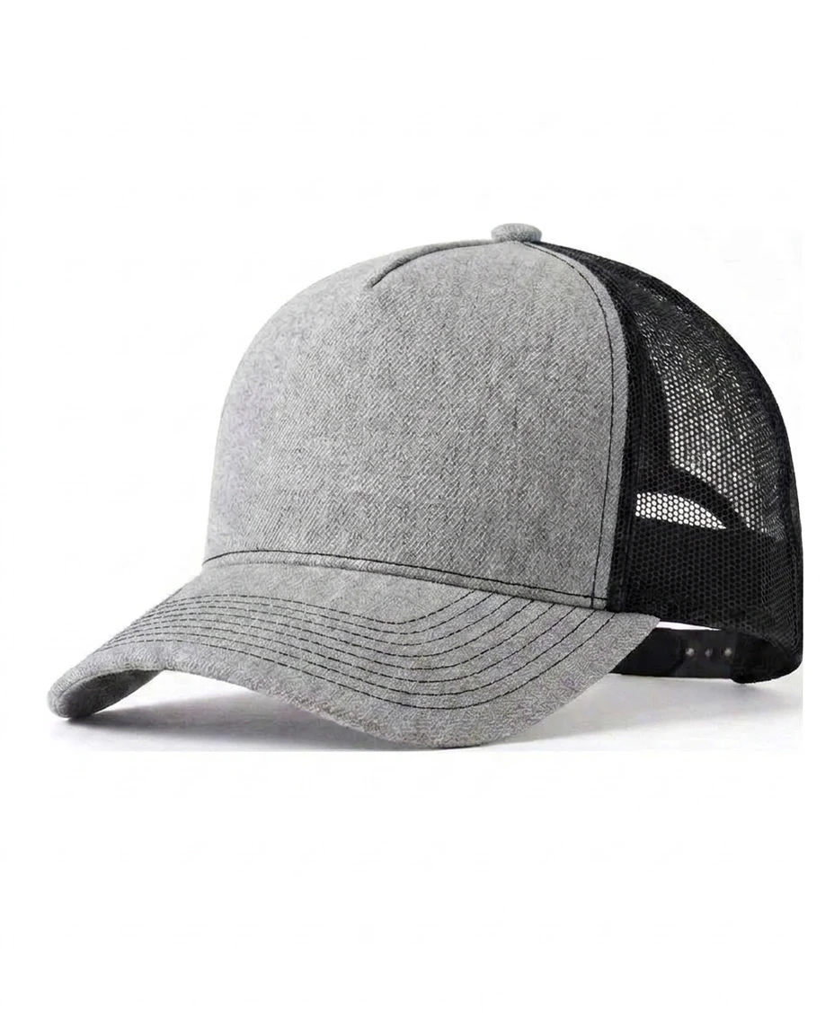 5-Panel Heavy Structure Contrast-Stitch Trucker in Heather Gray / Black
