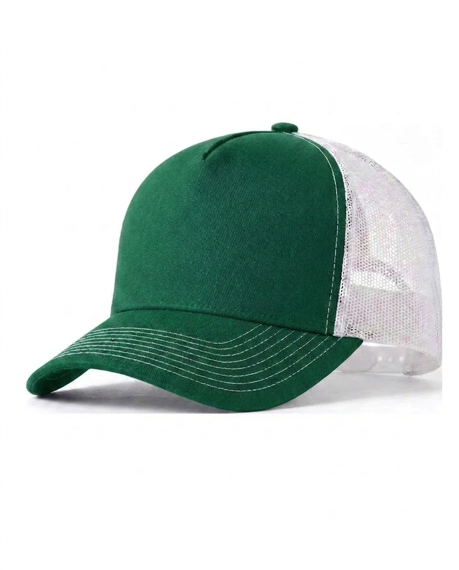 5-Panel Heavy Structure Contrast-Stitch Trucker in Kelly Green / White