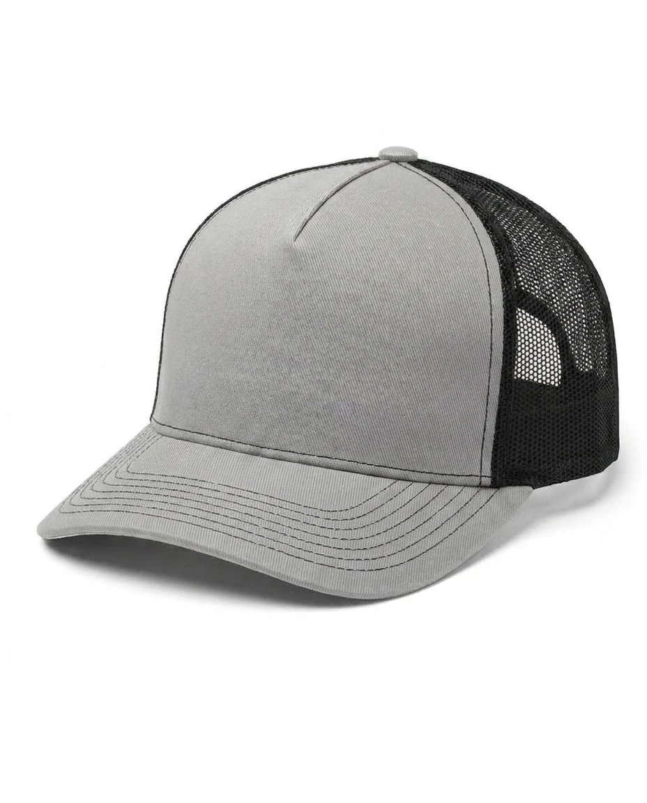 5-Panel Heavy Structure Contrast-Stitch Trucker in Light Gray / Black