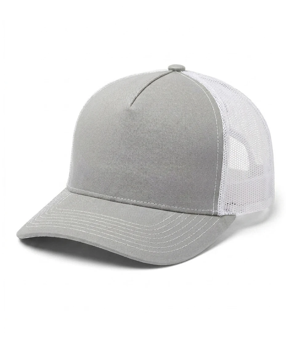 5-Panel Heavy Structure Contrast-Stitch Trucker in Light Gray / White