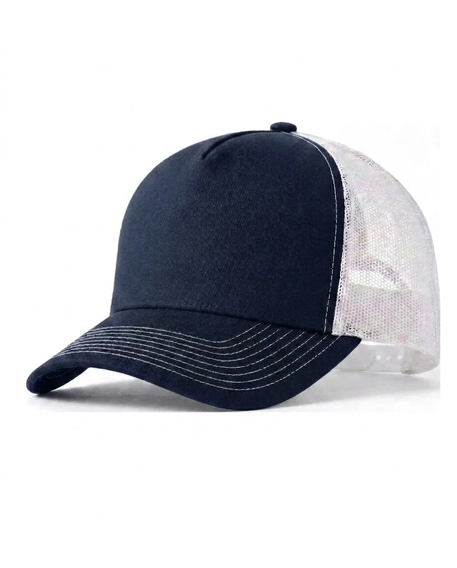 5-Panel Heavy Structure Contrast-Stitch Trucker in Navy / White