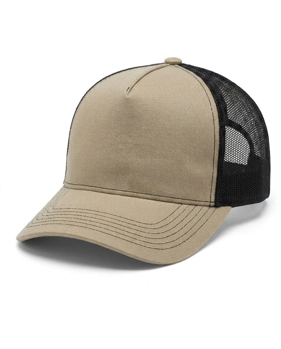 5-Panel Heavy Structure Contrast-Stitch Trucker in Stone / Black