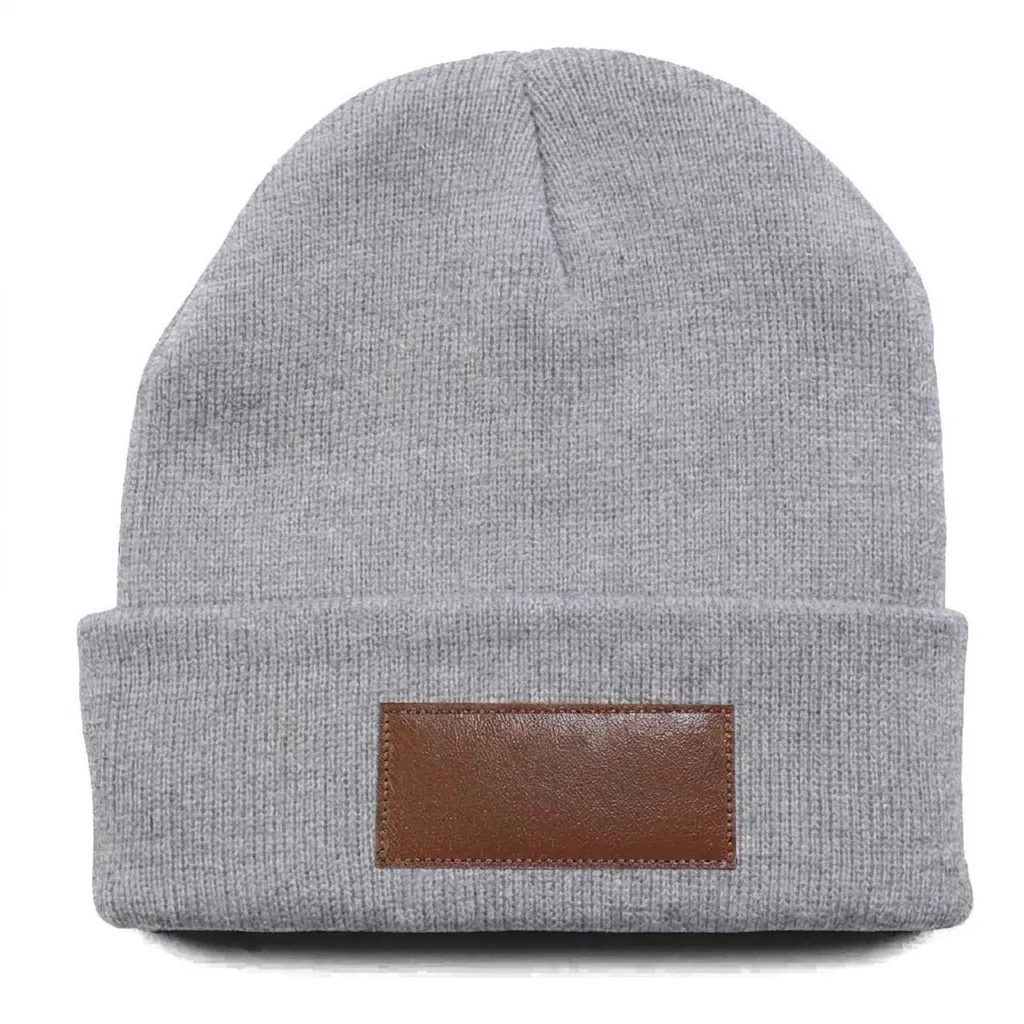 Classic Cuff Beanie with Leather Patch in Light Gray