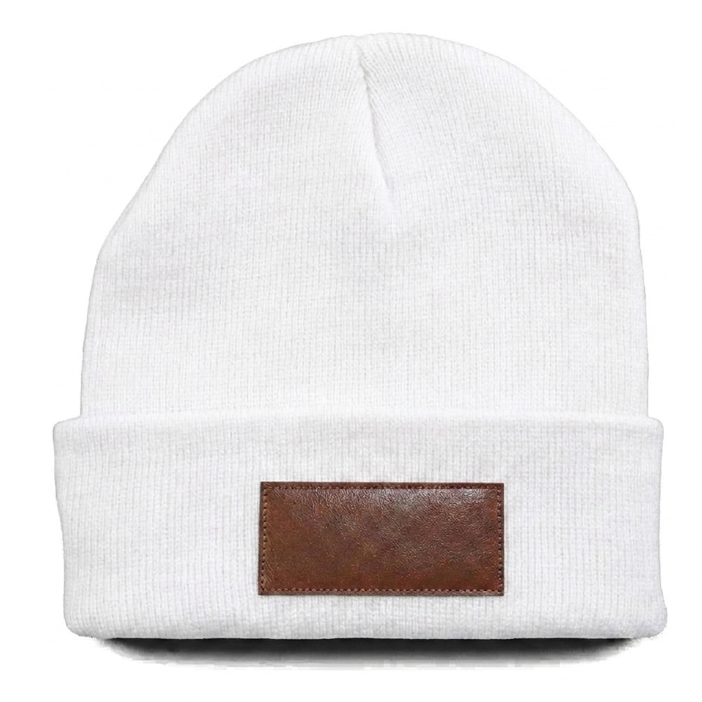 Classic Cuff Beanie with Leather Patch in White