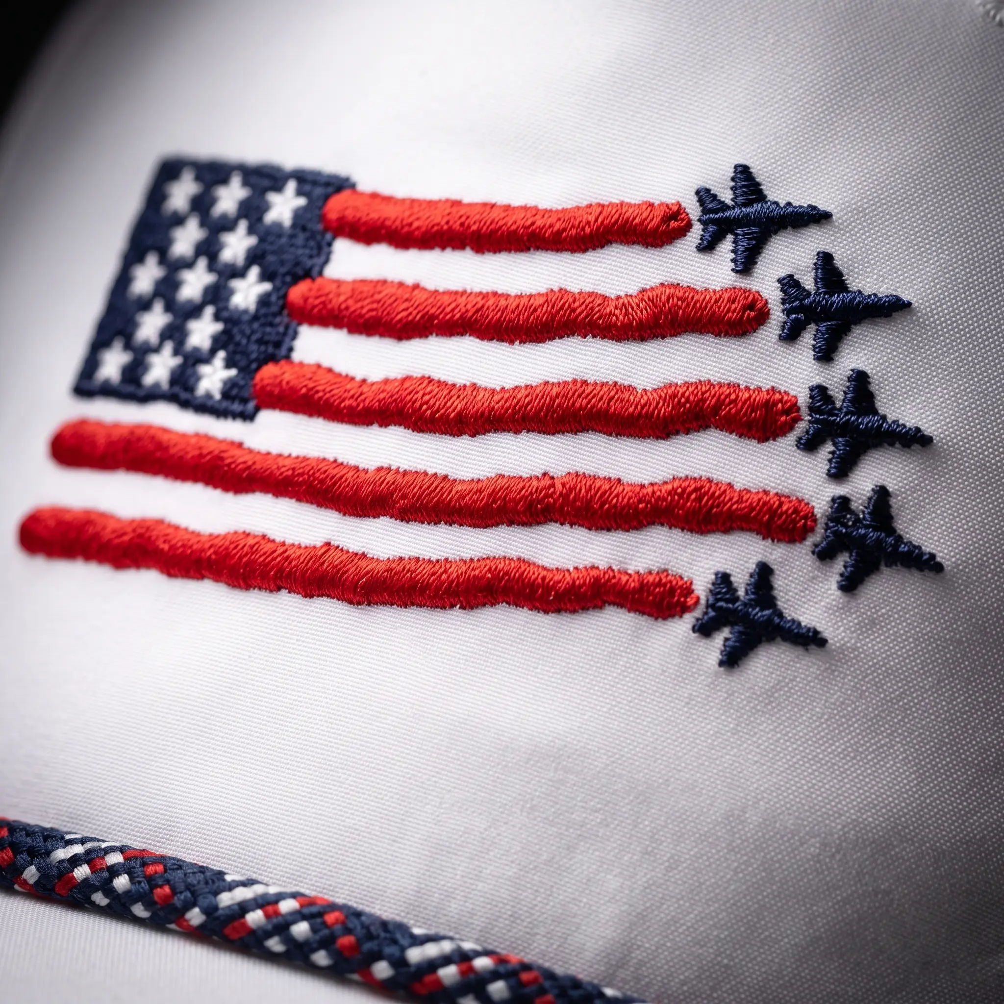 Close-up of the embroidered flag flyover