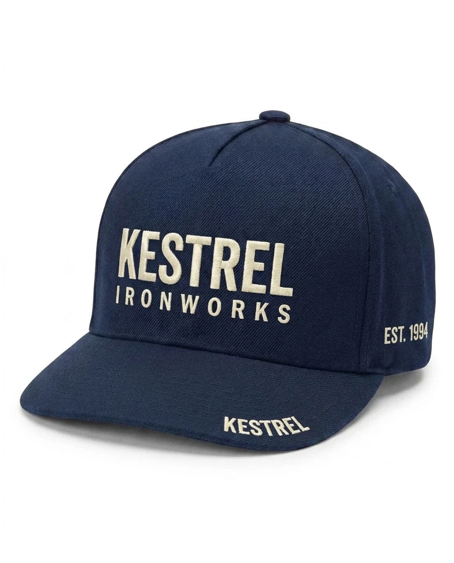Style 1118 5-Panel Heavy Structure Flat Bill Cap wholesale custom cap in Navy · Cotton Twill