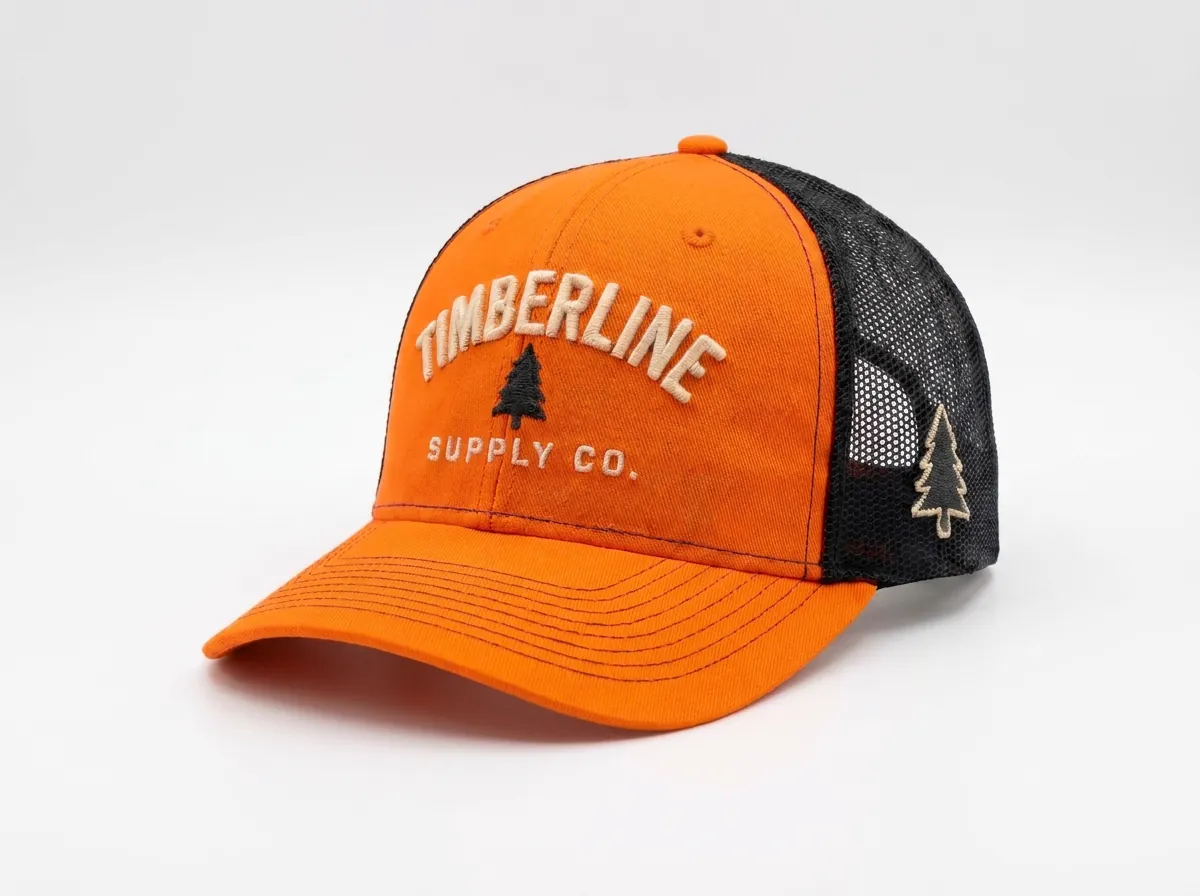 Style 1112 Classic Structured Trucker wholesale custom cap in Orange / Black