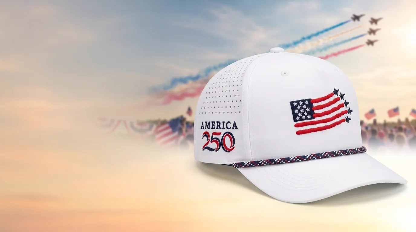 White laser-perforated rope cap with embroidered USA flag, America 250 text, and red-white-blue braided rope