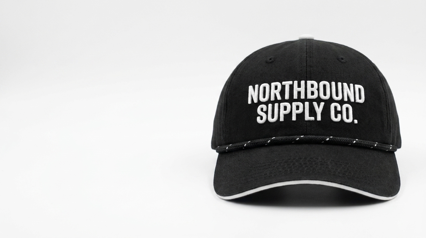 Style 1100 Half Sandwich in Black with Northbound Supply Co. embroidery and black-white rope