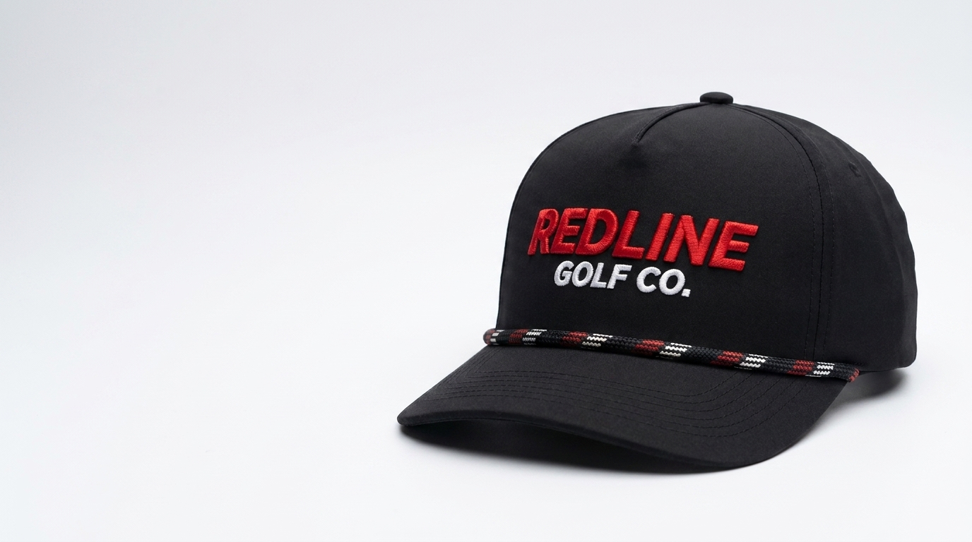 Style 1115 performance in Black with Redline Golf Co. embroidery and black-white-red rope